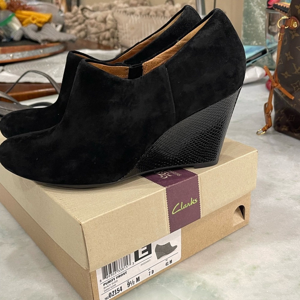 Clarks Suede and snakeskin Bootie Boots NWT